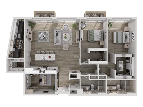 A 3D floor plan of a house with a kitchen, living room, and bathroom.